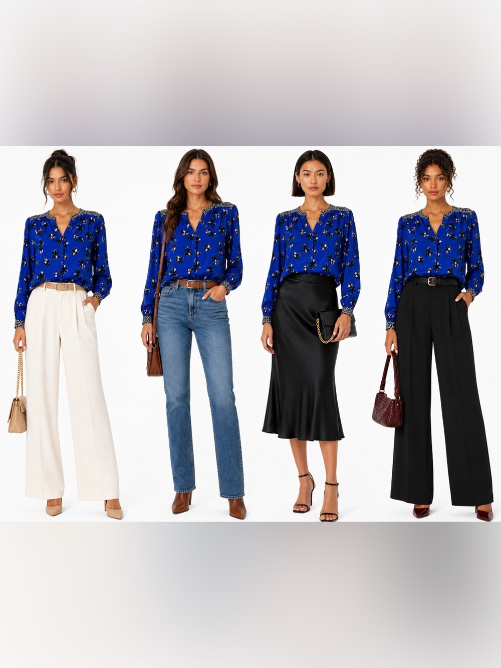 NYDJ Royal Blue Floral Contrast Long Sleeve Blouse Button Placket Large L NWT